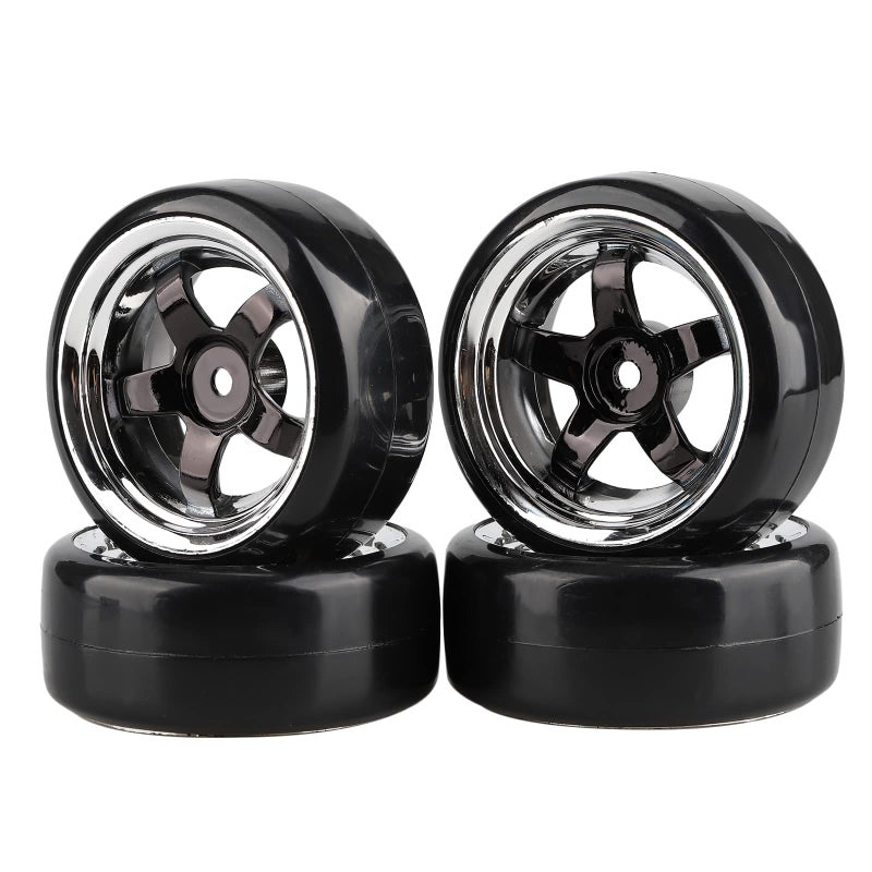 Shaluoman Plating 5-Spoke 12mm Hub Wheel Rims with Hard Plastic Tires for RC 1:10 Drift Car Color Black, 1/10 RC Tires and Wheels for 1/10 Redcat HSP HPI RC Drift Cars - Image 1